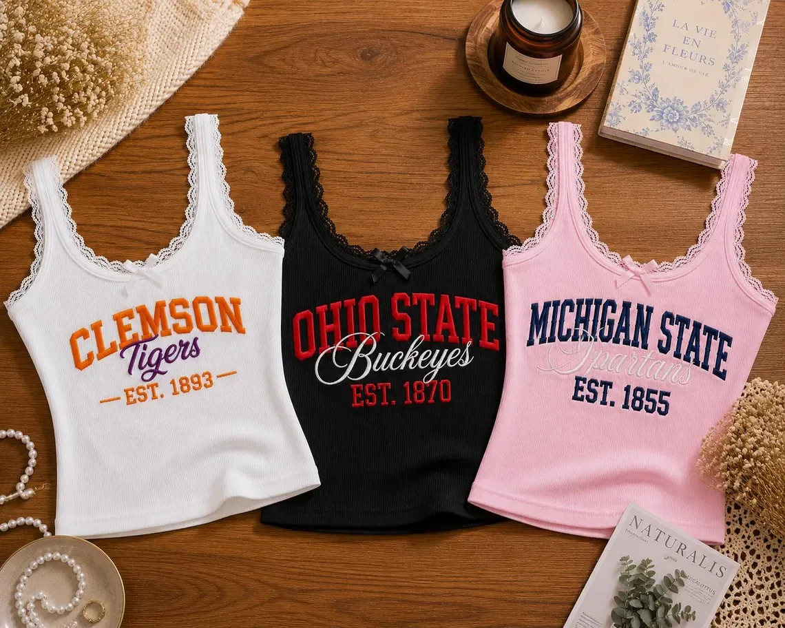 Embroidered Custom University Lace Ribbed Cami, Game Day Tank Top, Retro College Campus Merch