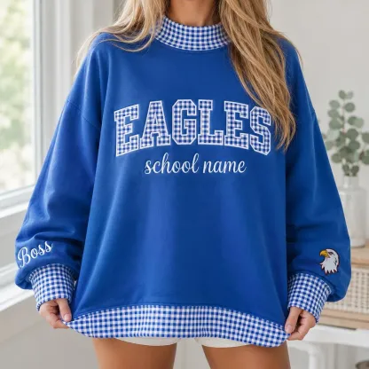 Personalized Gingham Mock Neck Sweatshirt, Custom Mascot Name, Game Day Crewneck