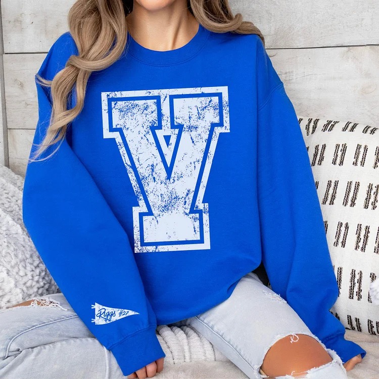 Custom Varsity Letter Sweatshirt - Distressed Giant Number/Letter Sweatshirt 