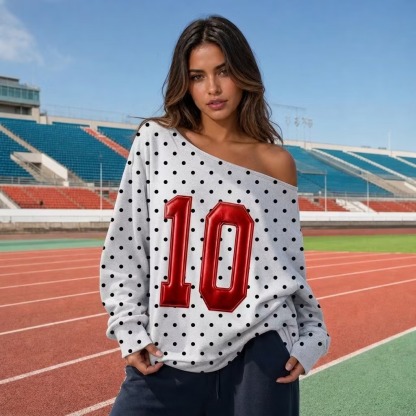 Custom Metallic Puff Varsity Number Off-Shoulder Polka Dot Vintage Varsity Jersey Sweatshirt