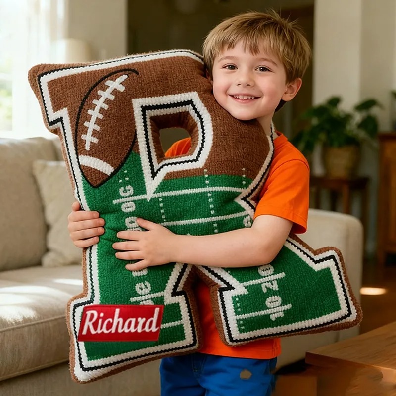 Custom Football Field Initial Pillow With Custom Name For Kids And Sports Fans