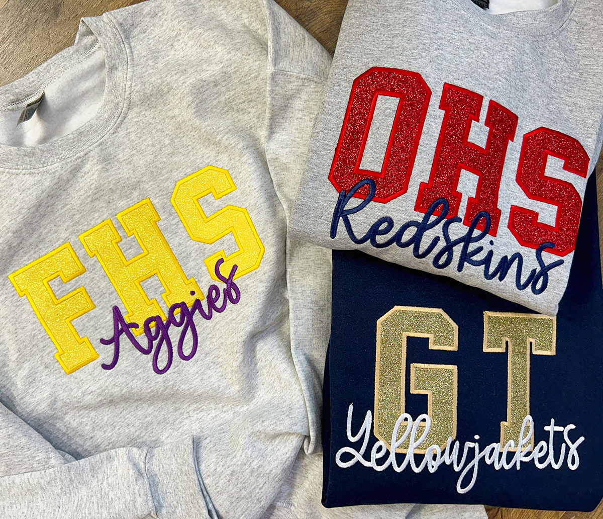Custom School Glitter Applique Embroidered Sweatshirt