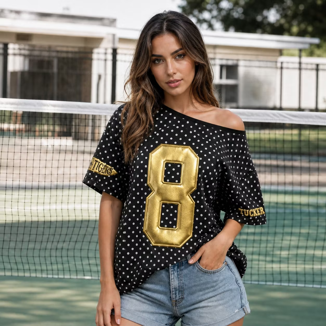 Custom Metallic Puff Varsity Number Off-Shoulder Polka Dot Vintage Varsity Jersey Sweatshirt