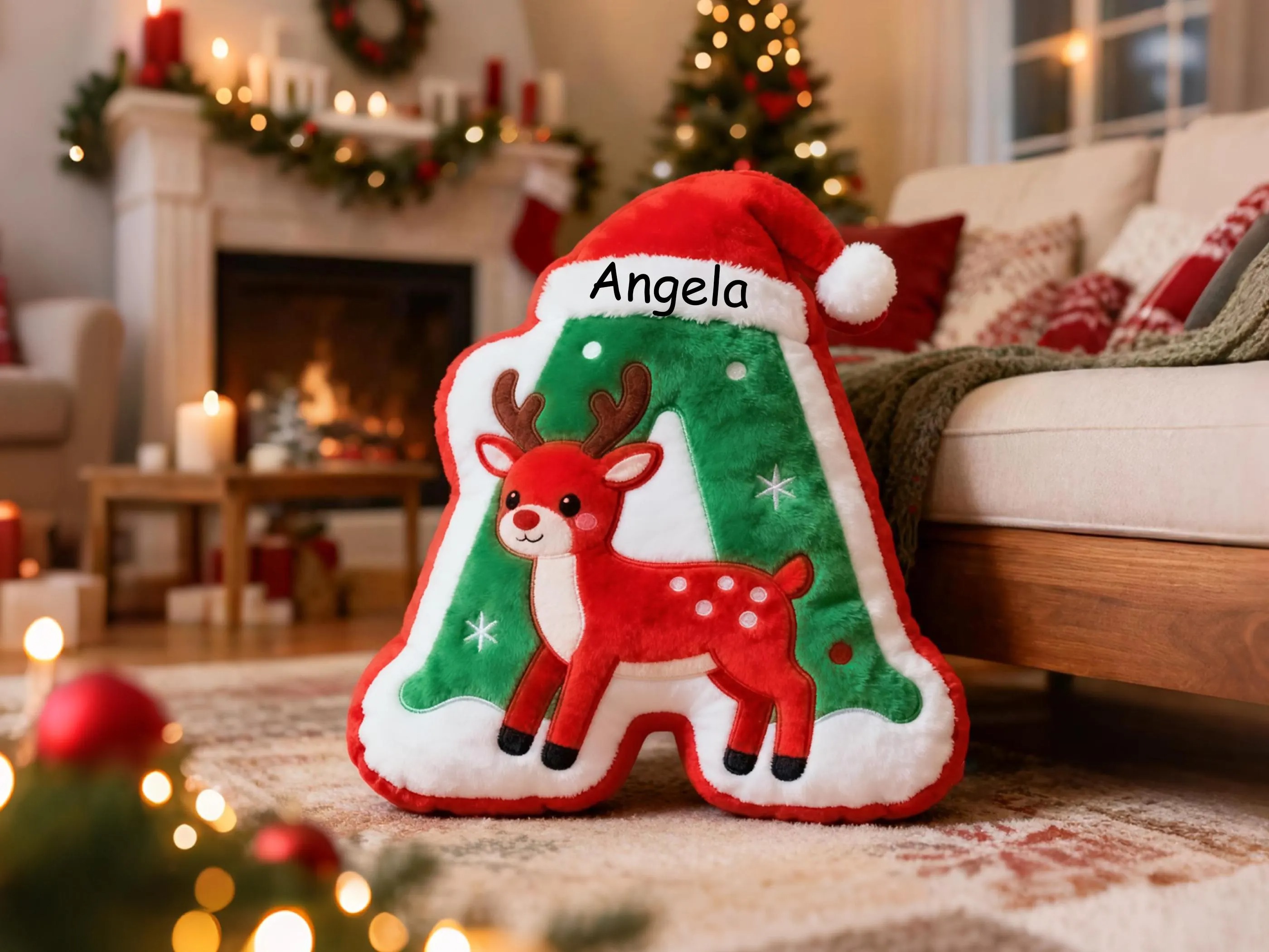 Custom Christmas Reindeer Alphabet Pillow with Name