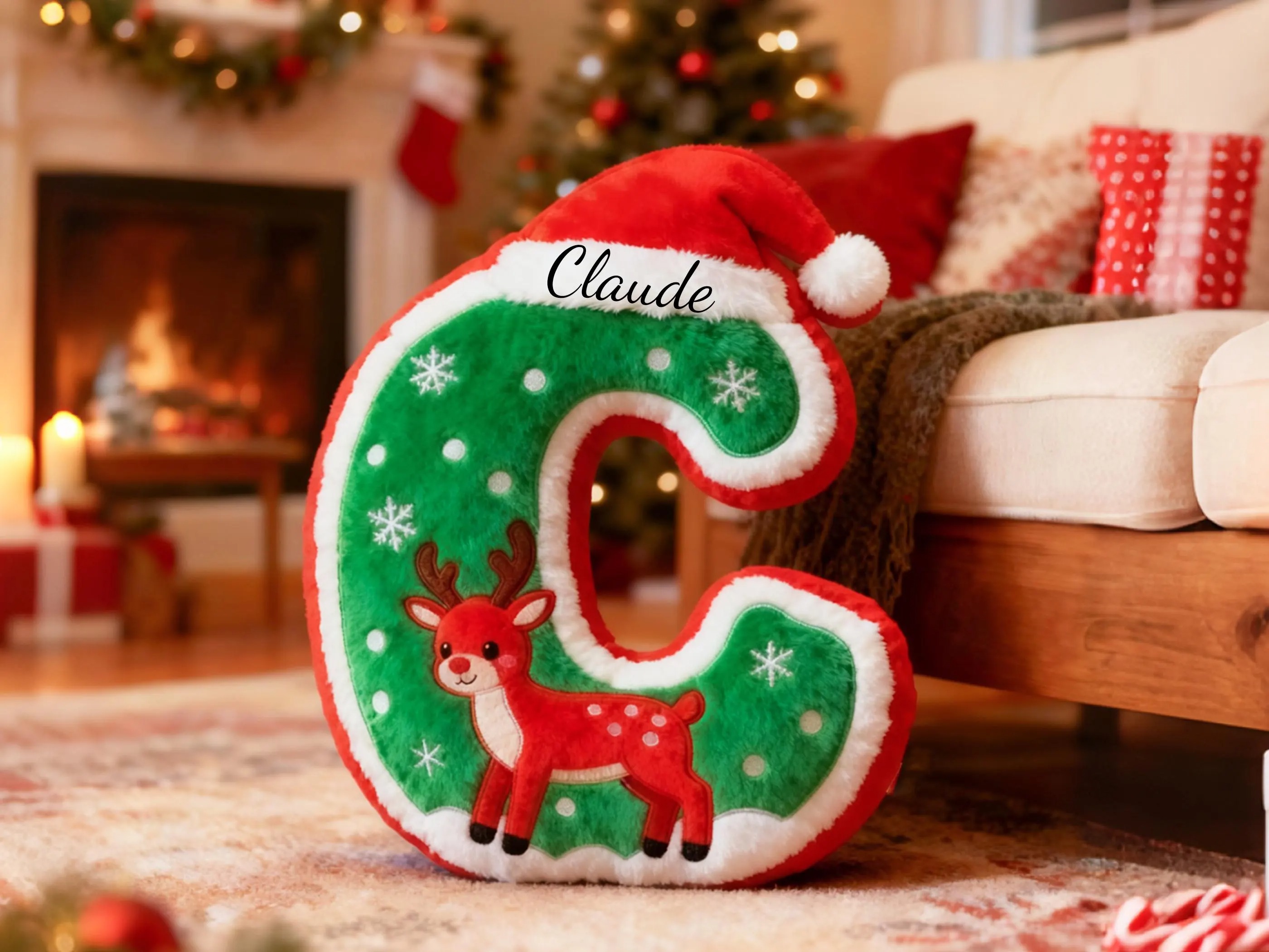 Custom Christmas Reindeer Alphabet Pillow with Name