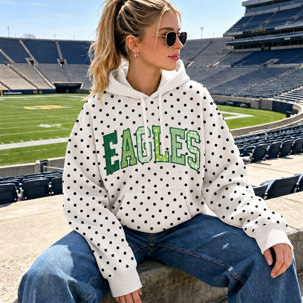 Custom Patchwork Fabric Embroidered Polka Dot Hoodie, Personalized Team and School Name, Game Day Wear