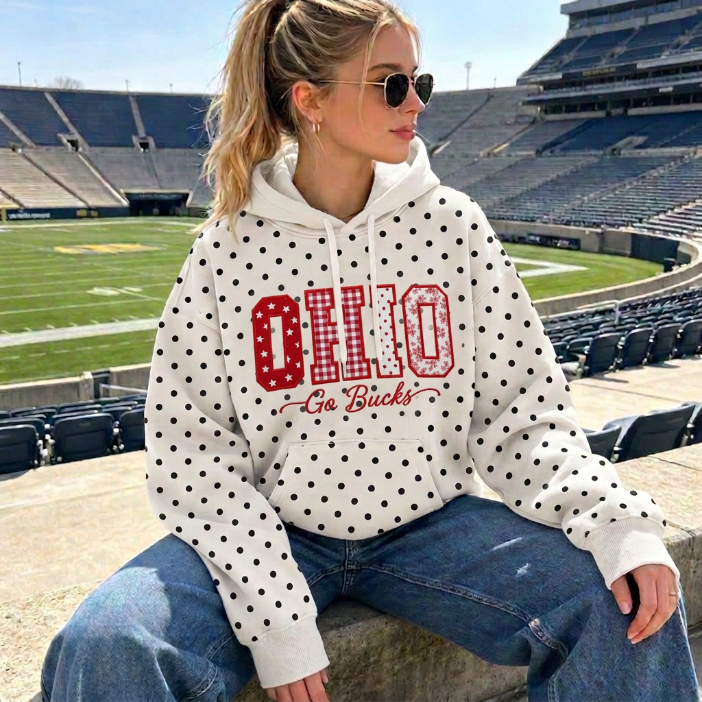 Custom Patchwork Fabric Embroidered Polka Dot Hoodie, Personalized Team and School Name, Game Day Wear