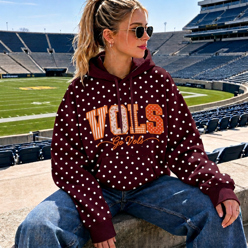 Custom Patchwork Fabric Embroidered Polka Dot Hoodie, Personalized Team and School Name, Game Day Wear