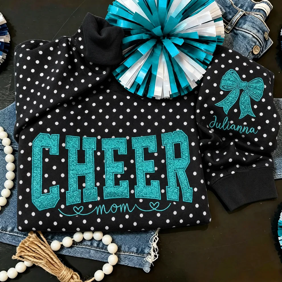 Custom Glitter Embroidered College Cheer Mom Polka Dot Sweatshirt, Gifts for Sports Mom, Game Day Wear