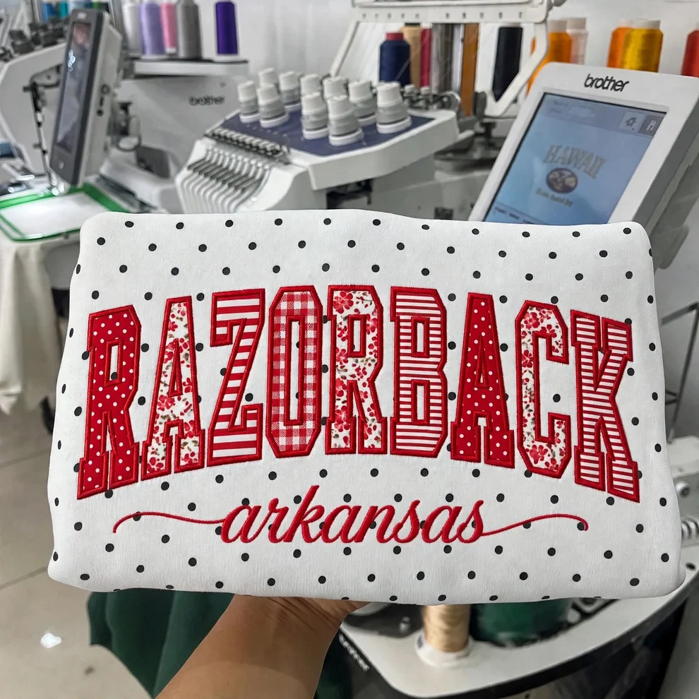 Custom Patchwork Fabric Embroidered Polka Dot Sweatshirt Team and School Name Applique Varsity Letters