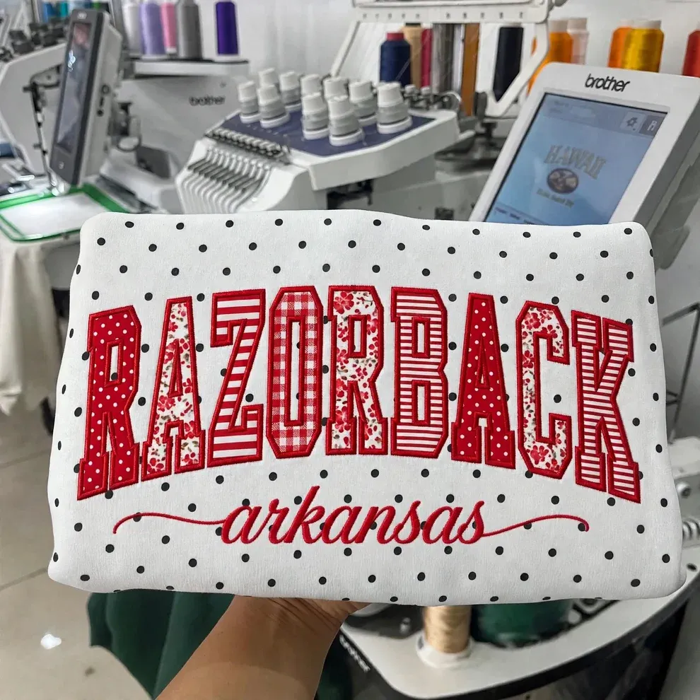 Custom Patchwork Fabric Embroidered Polka Dot Sweatshirt Team and School Name Applique Varsity Letters
