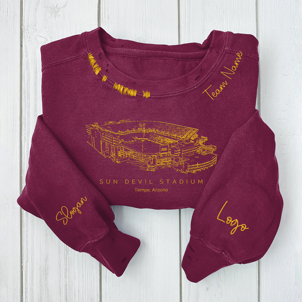 Mountain America Stadium - Arizona State Sun Devils football Unisex Distressed Monogram Collar Sleeve Embroidery Chain Stitch Sweatshirt