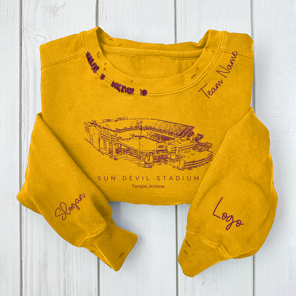 Mountain America Stadium - Arizona State Sun Devils football Unisex Distressed Monogram Collar Sleeve Embroidery Chain Stitch Sweatshirt