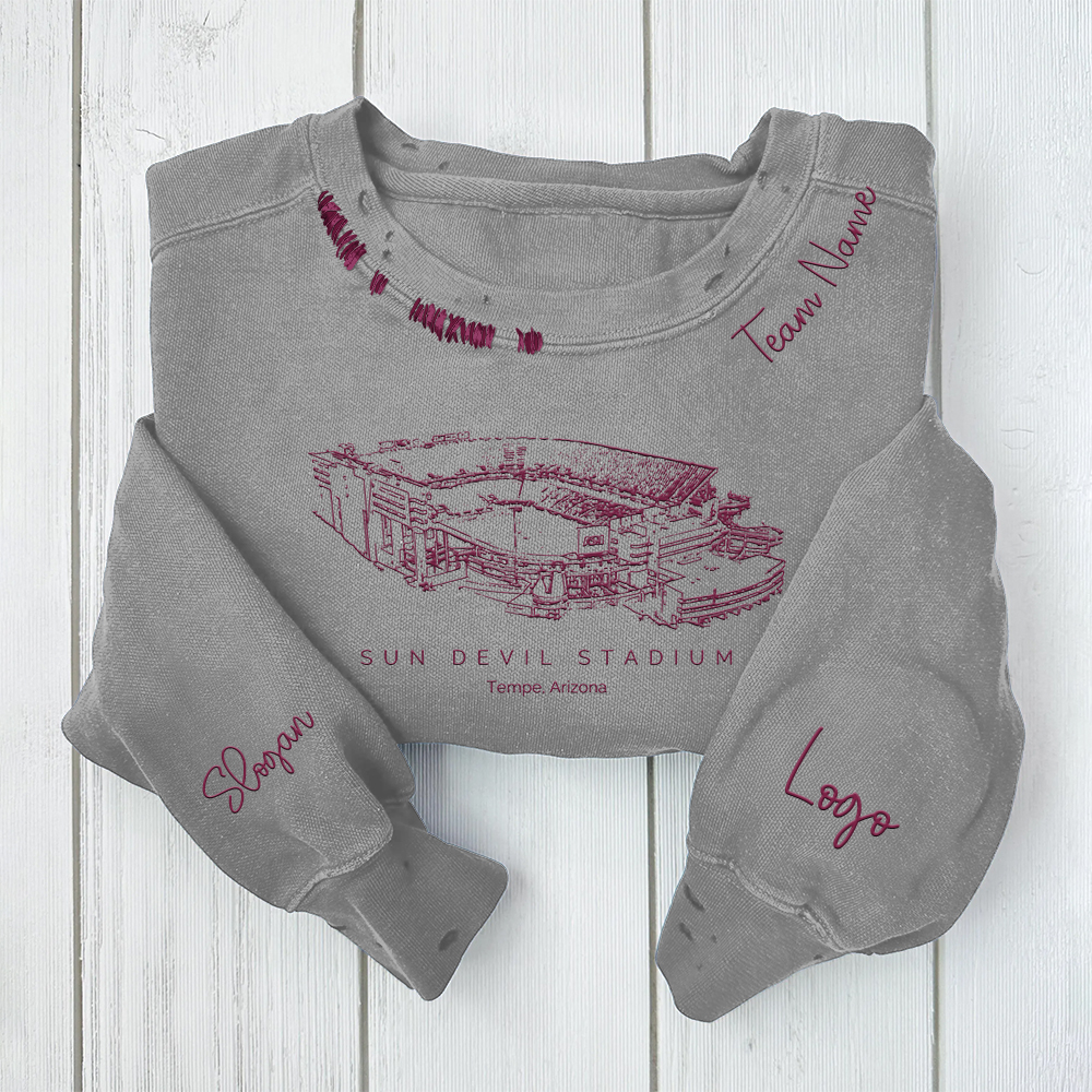 Mountain America Stadium - Arizona State Sun Devils football Unisex Distressed Monogram Collar Sleeve Embroidery Chain Stitch Sweatshirt