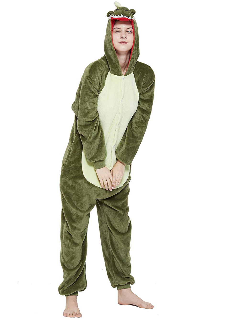 Onesie Kigurumi Pajamas Print New green dinosaur Adult's Flannel Winter Sleepwear Animal Costume
