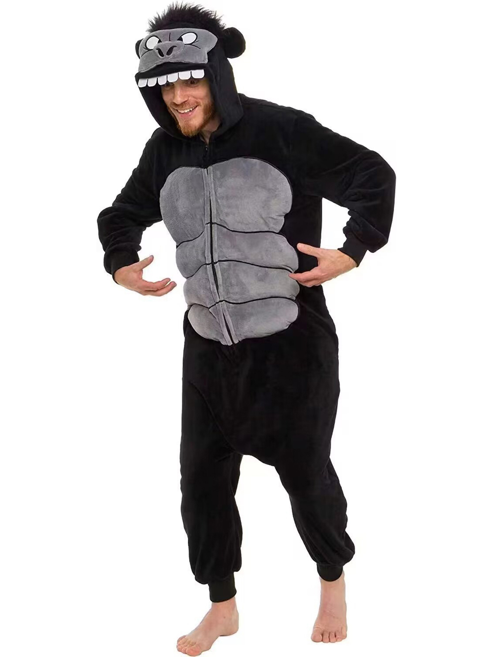 Black King Kong Costume Suit Cartoon Animal Kigurumi Flannel Onesie for Adults