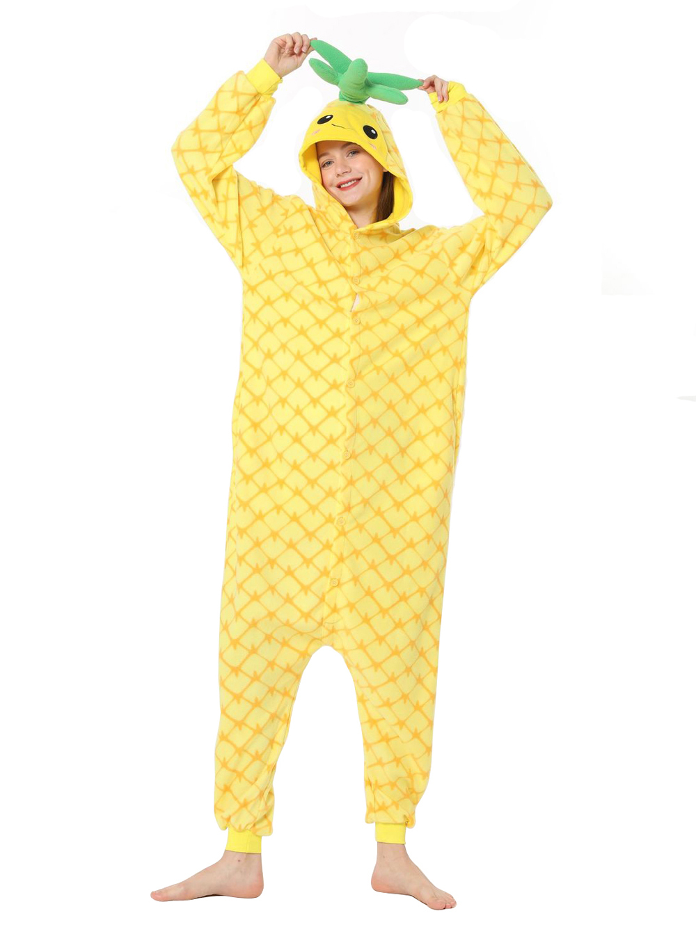 Pineapple Fruit Cartoon Kigurumi Onesies Cozy Fleece Pajamas Costume for Adults