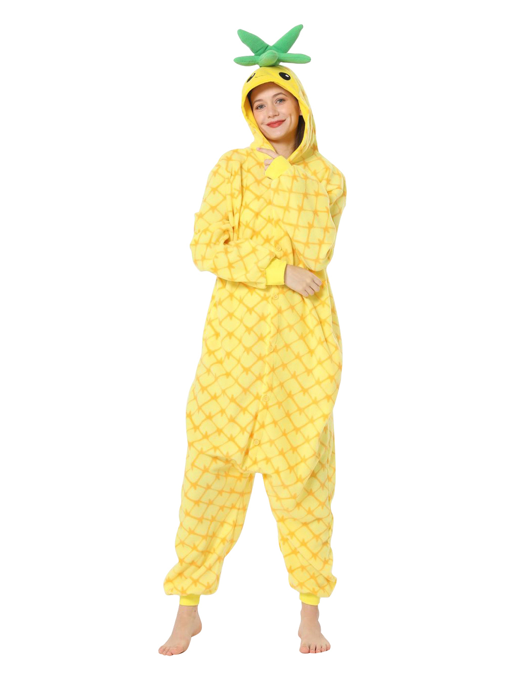 Pineapple Fruit Cartoon Kigurumi Onesies Cozy Fleece Pajamas Costume for Adults