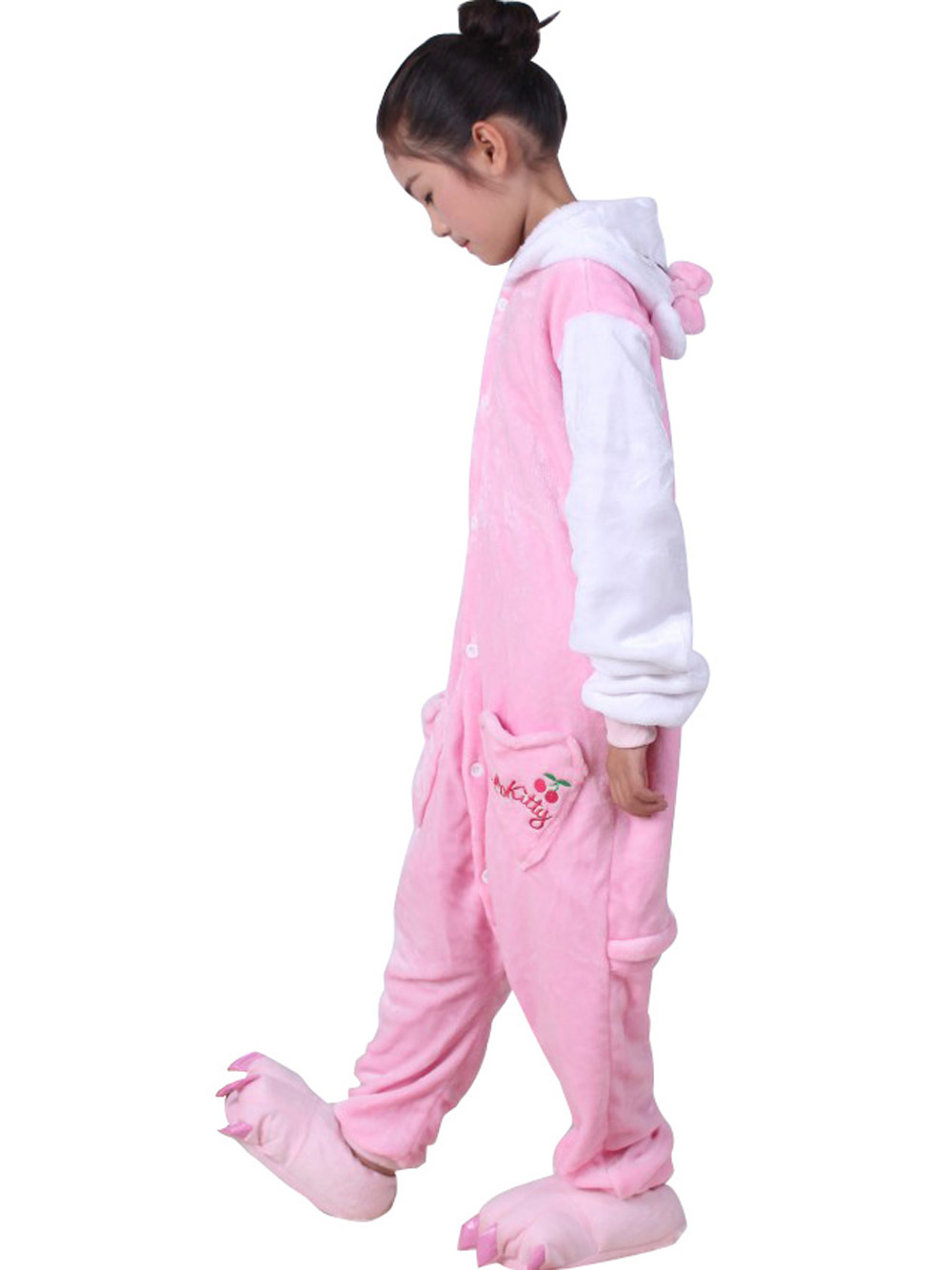 Kids Hello Kitty Cat Kigurumi Onesie Pajamas Flannel Costume-PajamasFun