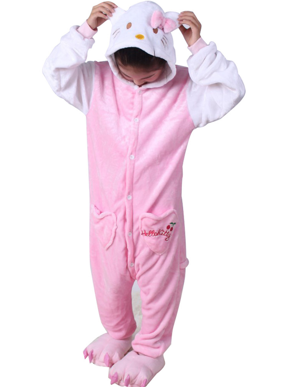Kids Hello Kitty Cat Kigurumi Onesie Pajamas Flannel Costume-PajamasFun