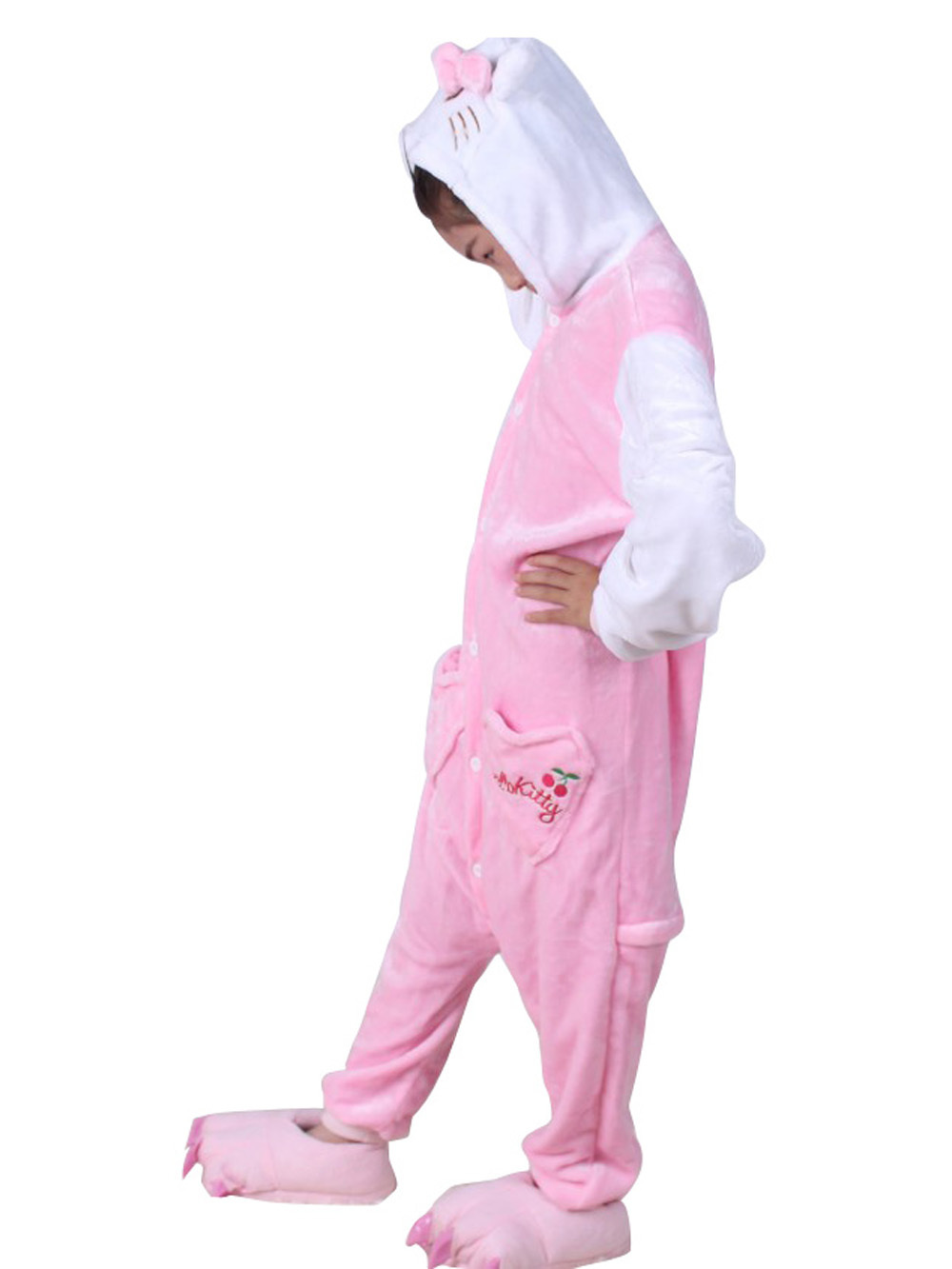 Kids Hello Kitty Cat Kigurumi Onesie Pajamas Flannel Costume-PajamasFun