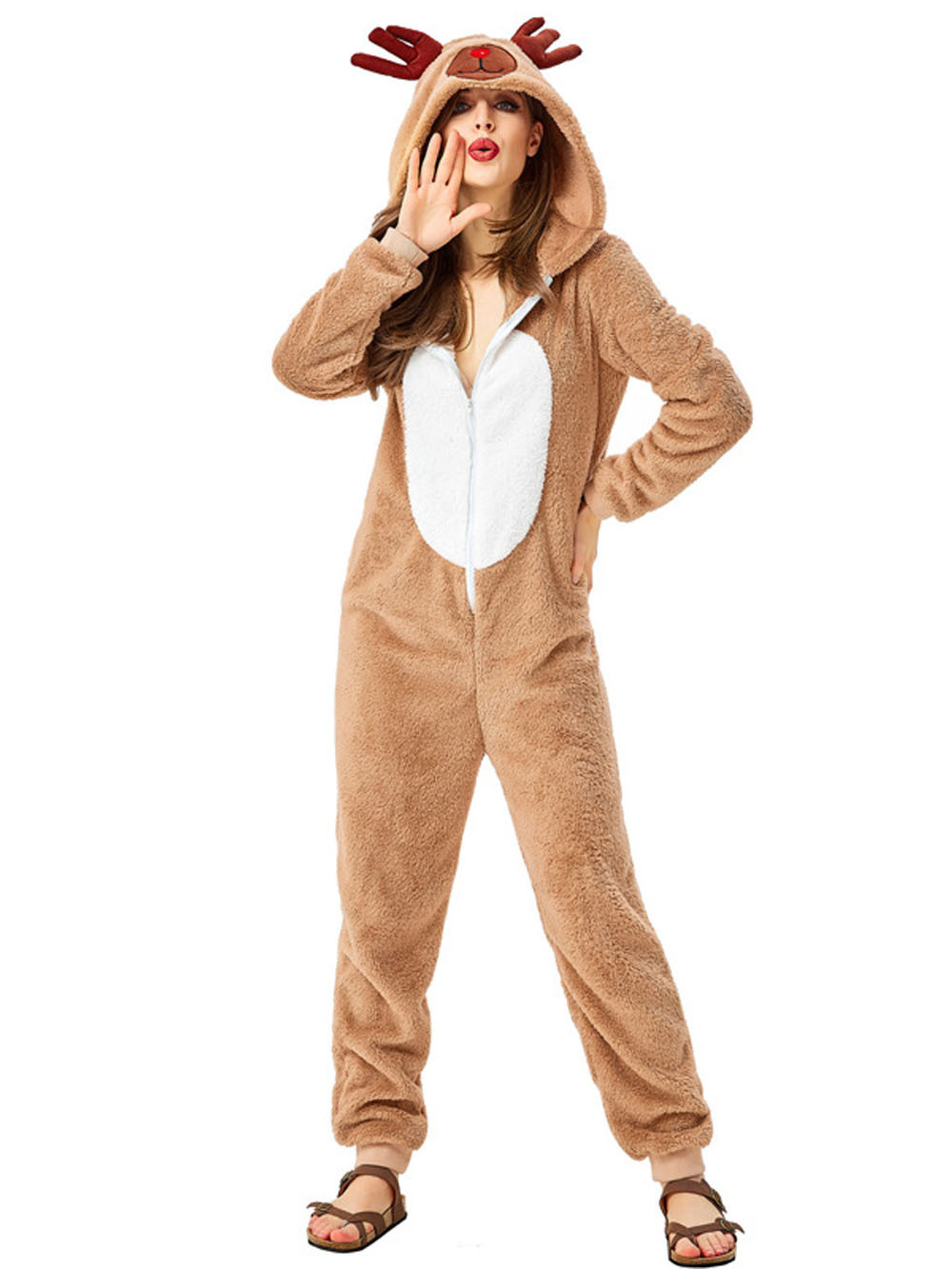 Family Matching Santa Deer Kigurumi Pajamas Hooded Zipper Jumpsuit