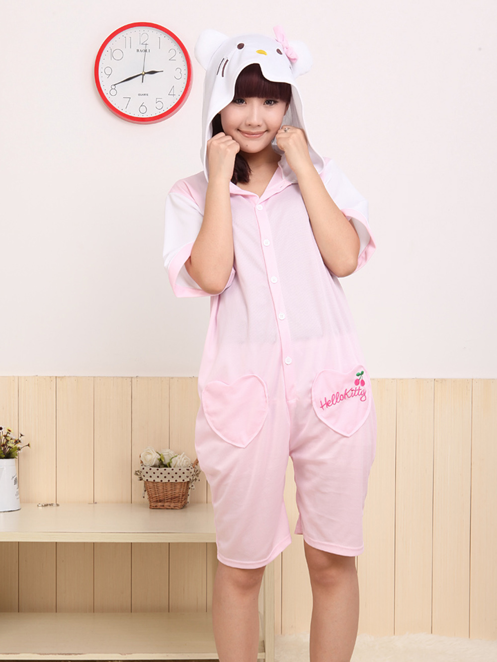 Pink HKT Cat Kigurumi Onesies Pajamas Hoodie Costume Short-PajamasFun