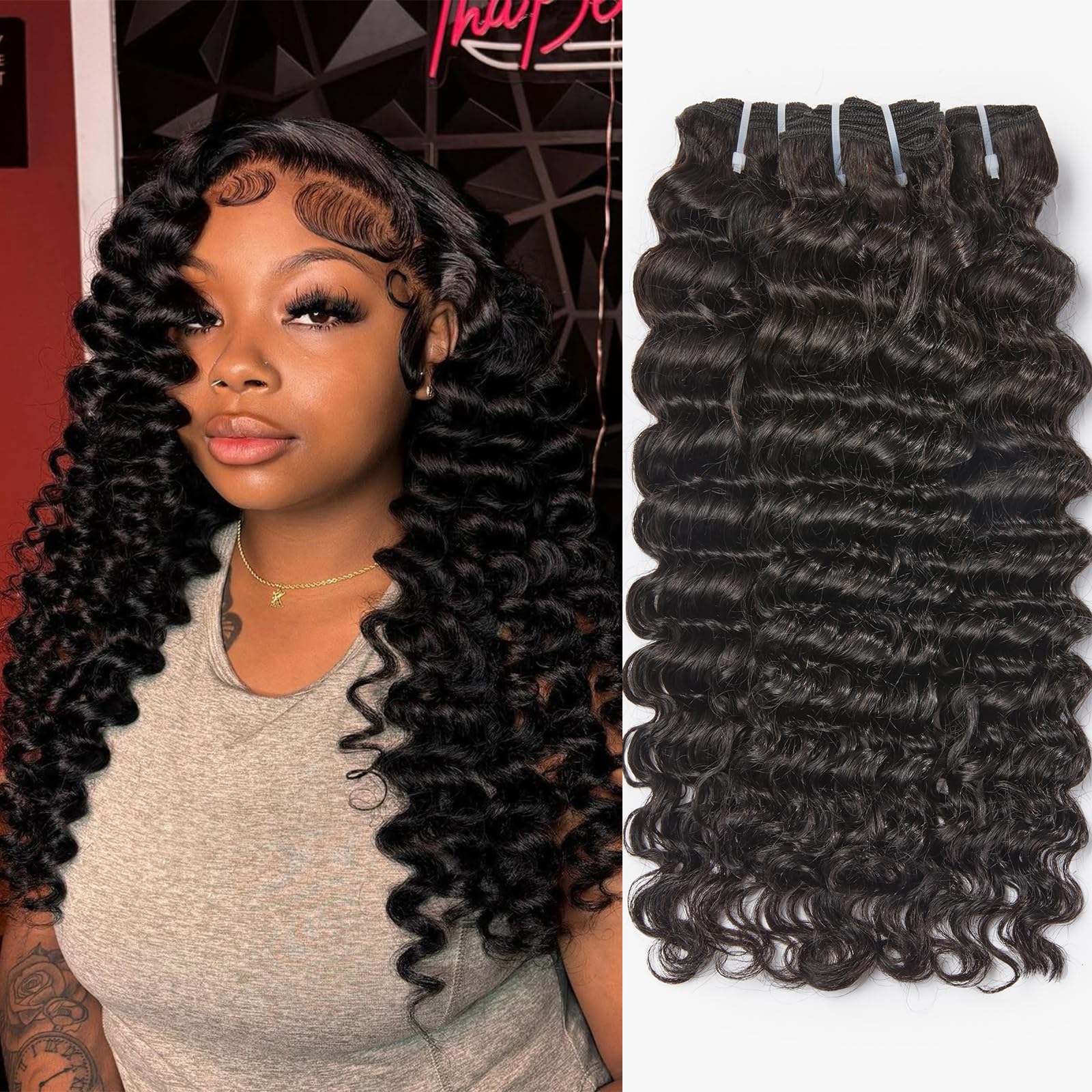 Deep Wave Quick Weave | 100% Human Hair Bundles | Sew in/Glue in Viral Hair Bundles Budget Friendly 10A Grade Brazilian Virgin 100% Human Hair