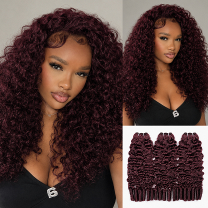 [Copy]#99J Burgundy Burmese Curly Hair Bundles Easy Blend Brazilian Human Hair for Sew in Quick Weave