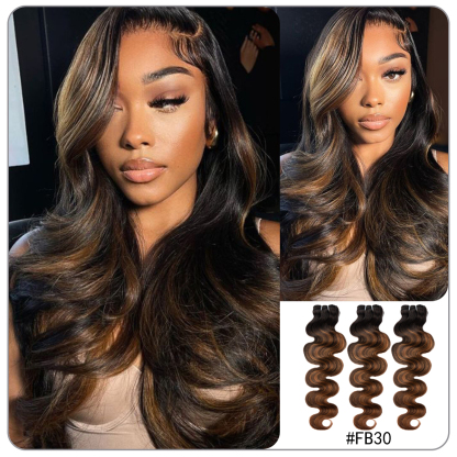 Brown Highlight FB30 Body Wave | 100% Human Hair Bundles | Budget Friendly 10A Grade Brazilian Virgin 100% Human Hair Quick Weave Sew in/Glue in Viral Hair Bundles