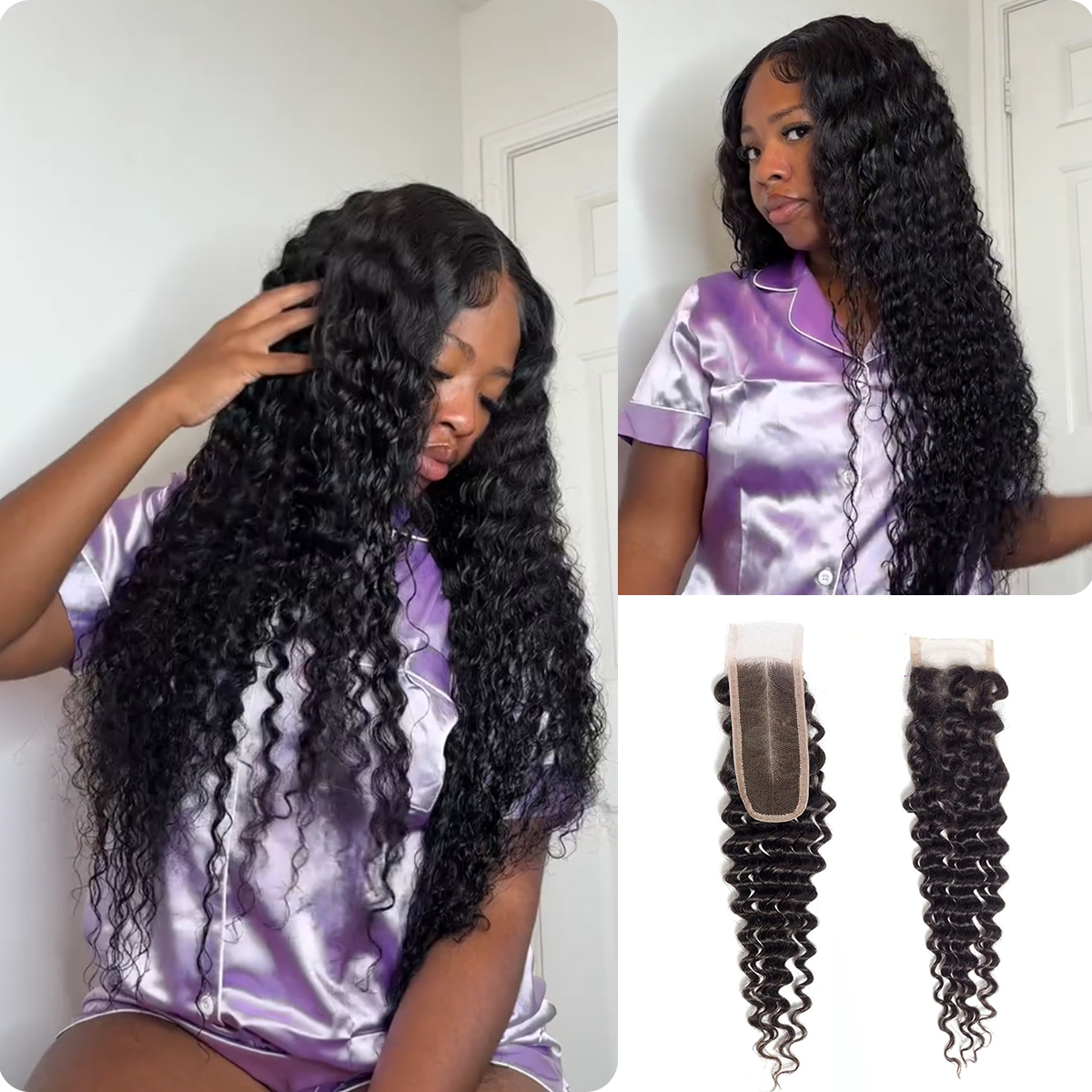 [Wequeen] 12-20 Inches 2" x 6" Upgrade Deep Wave Transparent Lace Closure #1B Natural Black