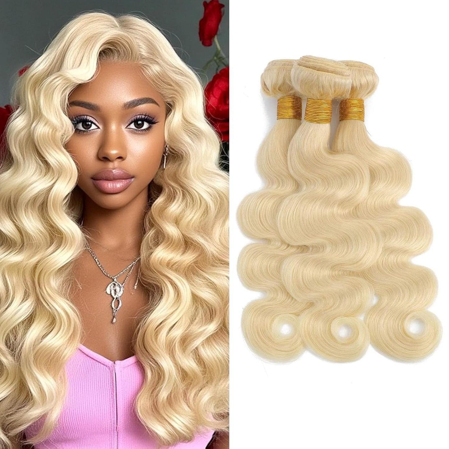 613 Body Wave 3Bundles Human Hair 14-30Inch, 100% Unprocessed 10A Brazilian Human Hair Bundles, Double Weft Body Wave Bundles, 613 Color Wet and Wavy Hair Extensions