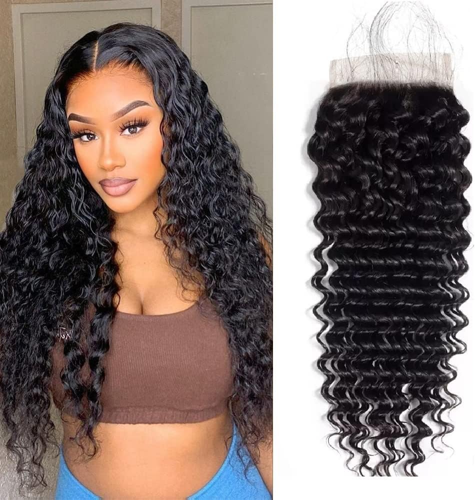 WeQueen 12-20 Inch 4" x 4" Deep Wavy Free Parted Lace Closure #1B Natural Black