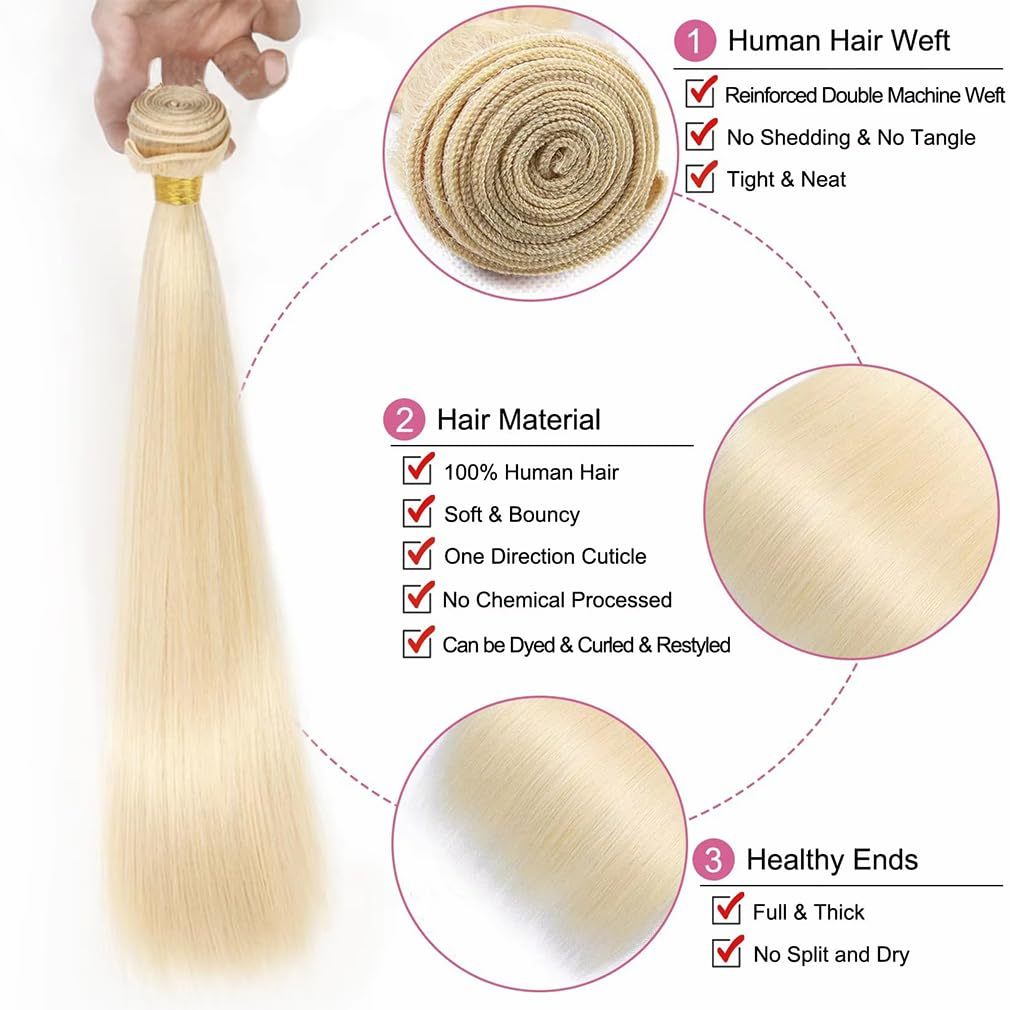 613 Human Hair Bundles Straight Blonde Bundles Human Hair 613 Bundle 12A Brazilian Virgin Blonde Straight Bundle 16-30 Inch Quick Weave Hair Extensions