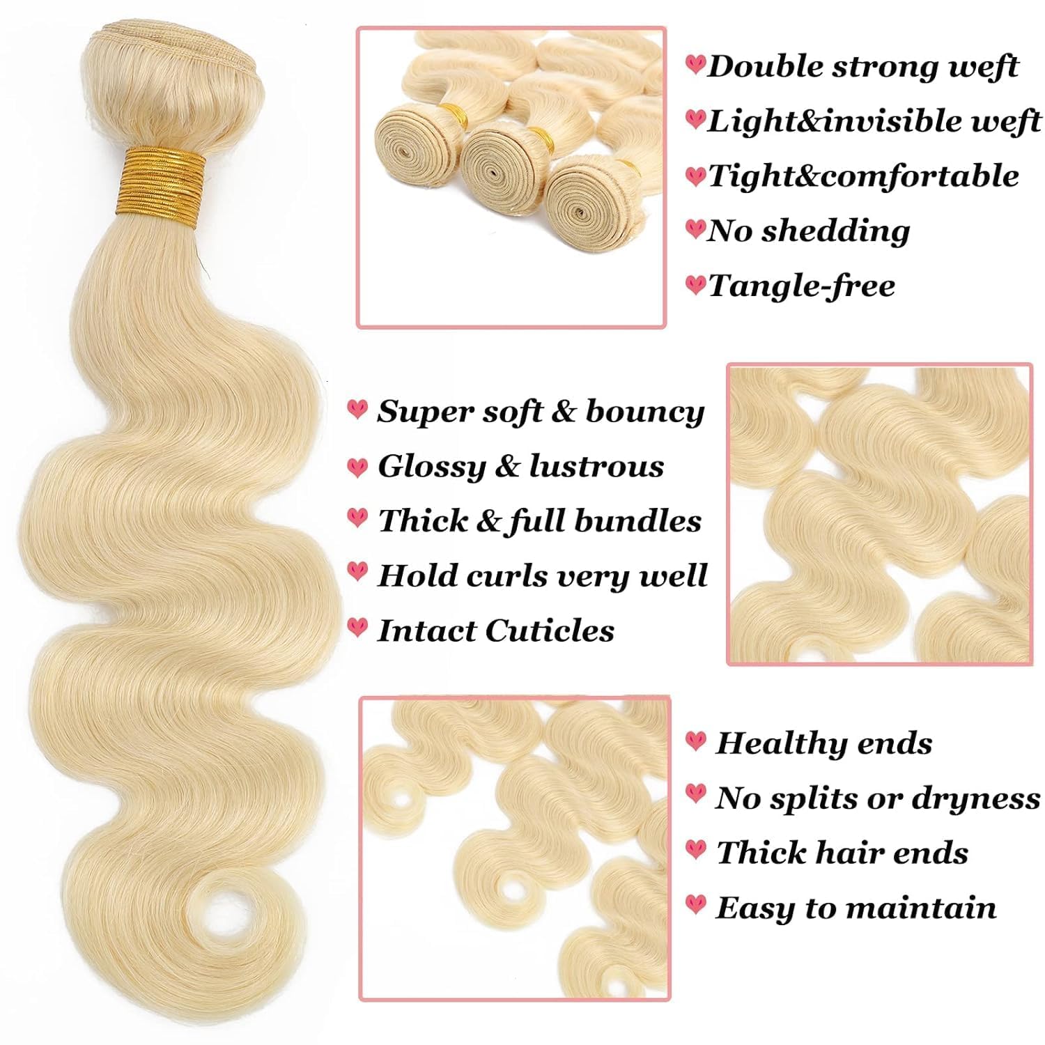 613 Body Wave 3Bundles Human Hair 14-30Inch, 100% Unprocessed 10A Brazilian Human Hair Bundles, Double Weft Body Wave Bundles, 613 Color Wet and Wavy Hair Extensions