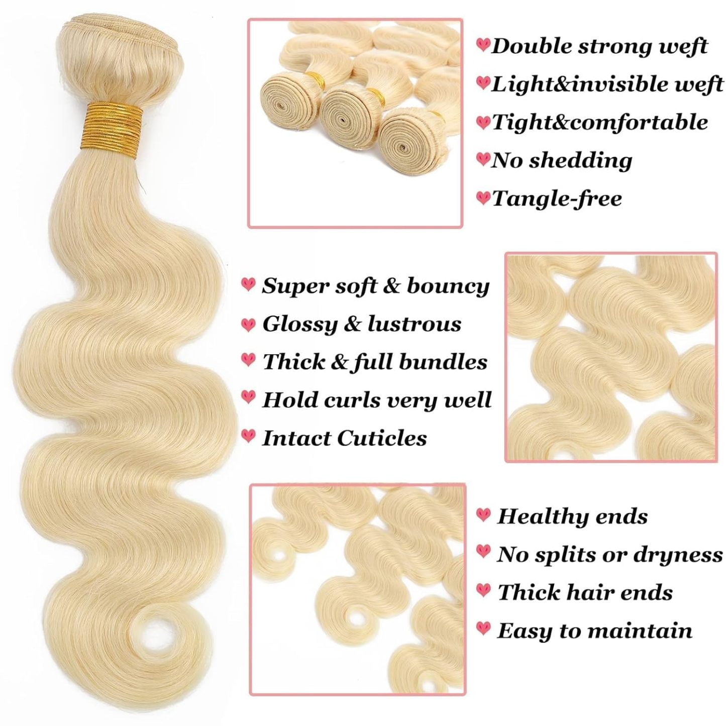 613 Body Wave 3Bundles Human Hair 14-30Inch, 100% Unprocessed 10A Brazilian Human Hair Bundles, Double Weft Body Wave Bundles, 613 Color Wet and Wavy Hair Extensions