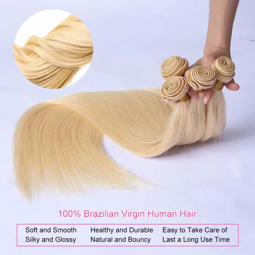 613 Human Hair Bundles Straight Blonde Bundles Human Hair 613 Bundle 12A Brazilian Virgin Blonde Straight Bundle 16-30 Inch Quick Weave Hair Extensions