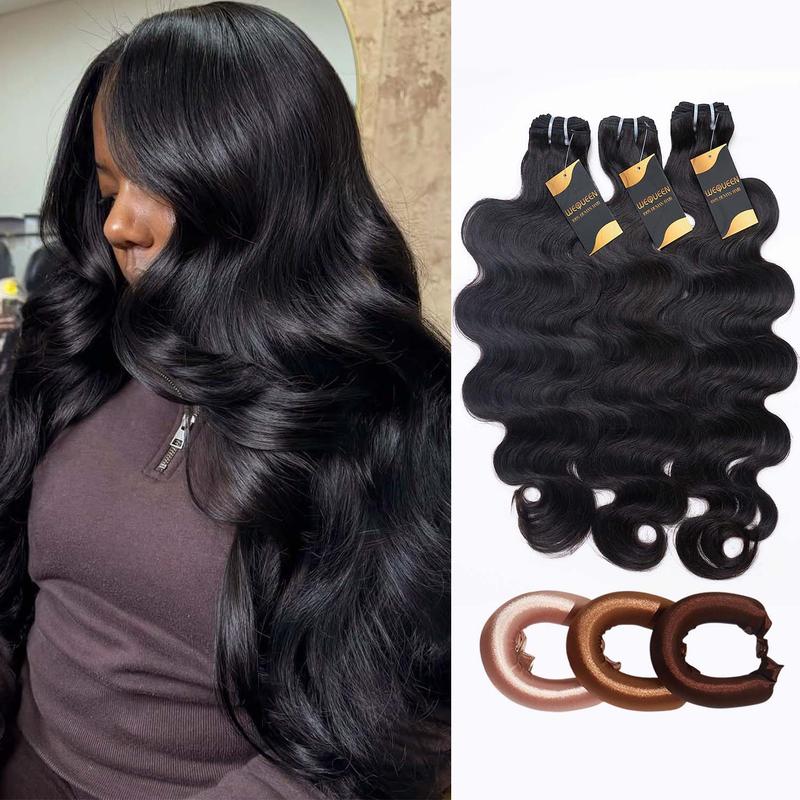 Body Wave Bundles with Free Flexi Rods | 10A Brazilian Virgin Human Hair for Easy Heatless Overnight Curls Sew in/Glue in