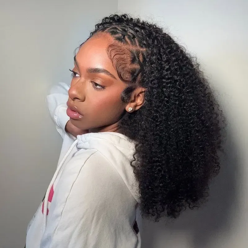 [Wequeen] Kinky Curly Half Wig Glueless Blending Fulani Braids Human Hair Natural Volume Seamless Blend Realistic Hairline Adjustable Fit 18 22 Inch