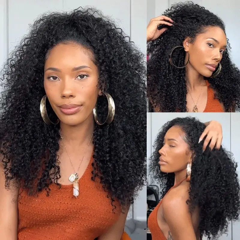 [Wequeen] Kinky Curly Half Wig Glueless Blending Fulani Braids Human Hair Natural Volume Seamless Blend Realistic Hairline Adjustable Fit 18 22 Inch