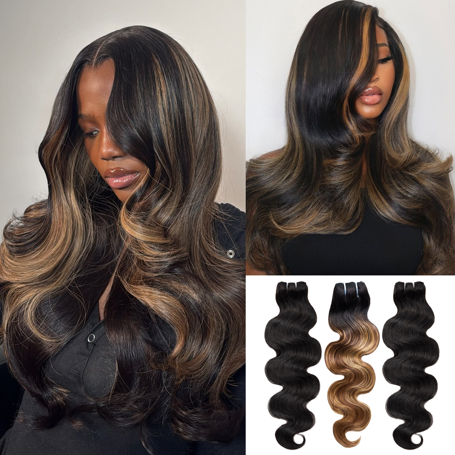 #1B&T1B/P4/27 Peekaboo Highlight Hair Bundles Body Wave Brazilian Human Hair for Sew in Quick Weave