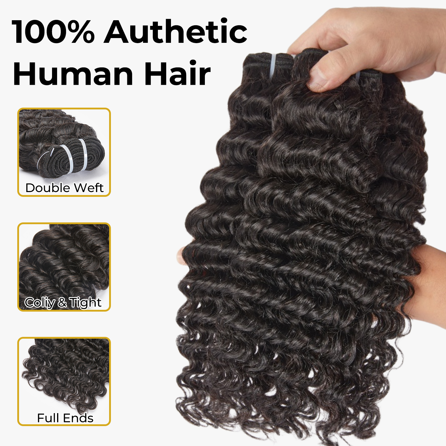 Vacation Friendly Deep Wave Bundles | 14–26” Human Hair | #1B Natural Black | Natural Look, Big Volume