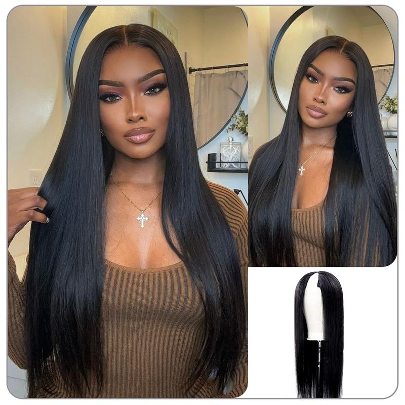[Wequeen] Wear & Go Glueless Straight V Part Wig No Leave Out Thin Part Human Hair Wigs for Beginner Protective Style - Natural Black #1b