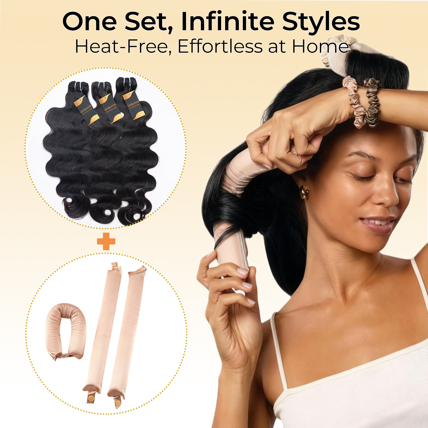 Body Wave Bundles with Free Flexi Rods | 10A Brazilian Virgin Human Hair for Easy Heatless Overnight Curls Sew in/Glue in