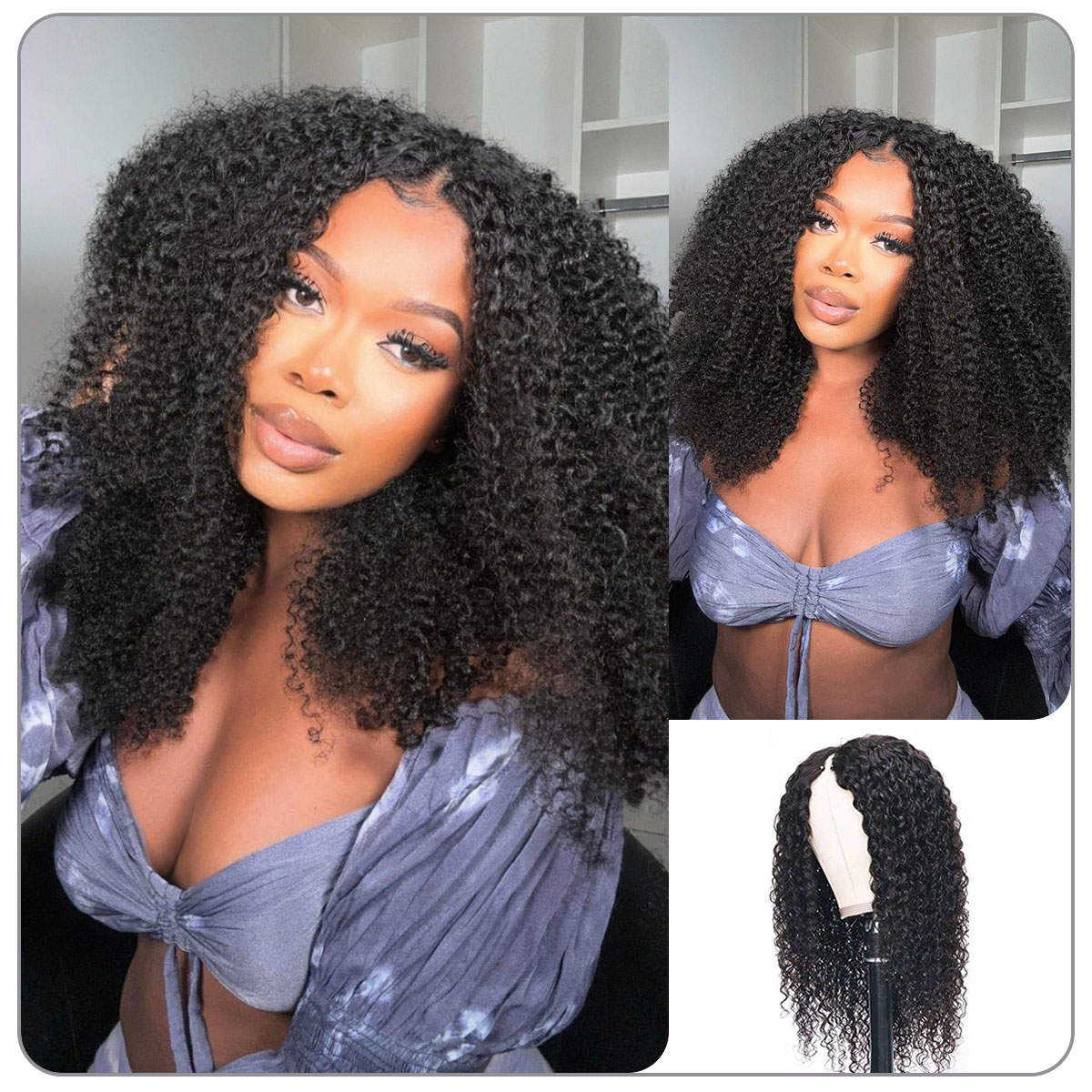[Wequeen] Wear & Go Glueless Straight/ Kinky Curly V Part Wig No Leave Out Thin Part Human Hair Wigs for Beginner Protective Style - Natural Black #1b