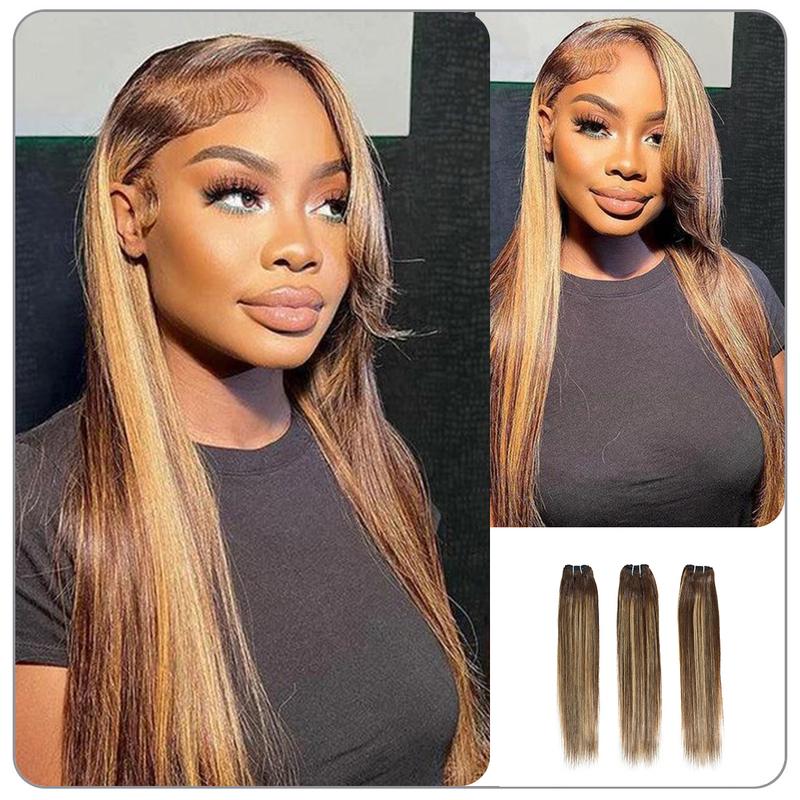 Blonde Brown Highlight 4/27 Straight | 100% Human Hair Bundles | Budget Friendly 10A Grade Brazilian Virgin 100% Human Hair Quick Weave Sew in/Glue in Viral Hair Bundles
