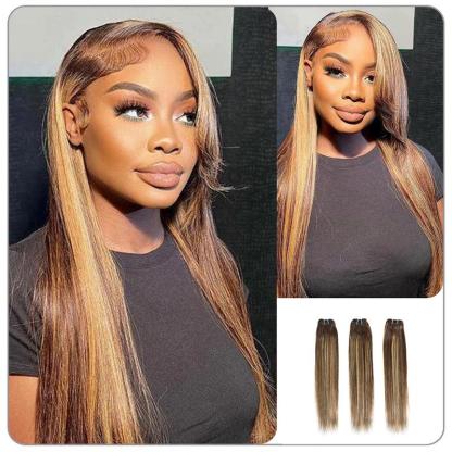 Blonde Brown Highlight 4/27 Straight | 100% Human Hair Bundles | Budget Friendly 10A Grade Brazilian Virgin 100% Human Hair Quick Weave Sew in/Glue in Viral Hair Bundles