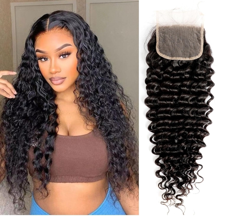 [Wequeen] 2"x6";4"x4";5"x5";13"x4";Upgrade Deep Wave Straight Transparent Lace Closure #1B Natural Black 12-18inch