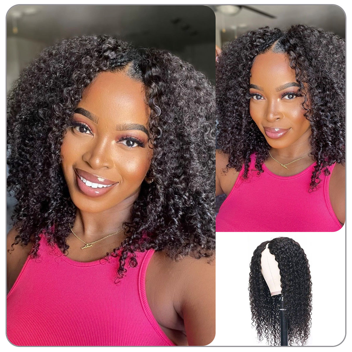 [Wequeen] Wear & Go Glueless Straight/ Kinky Curly V Part Wig No Leave Out Thin Part Human Hair Wigs for Beginner Protective Style - Natural Black #1b