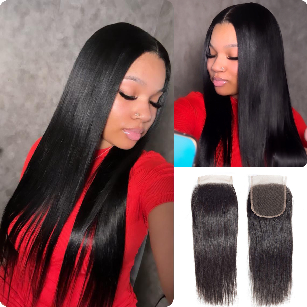 [Wequeen] 14-20 Inch 4" x 4" Straight Free Parted Lace Closure #1B Natural Black